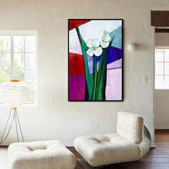 Colorfield Bloom – White Flowers on Geometric Background – Modern Minimalist Floral Wall Art