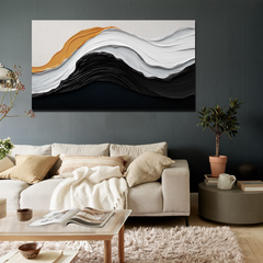 Echoes of Stillness- Black White Gold Abstract Wave – Textured Seascape Wall Art