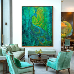 Emerald Muse – Textured Blue and Green Peacock Oil Painting