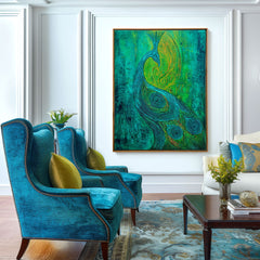 Emerald Muse – Textured Blue and Green Peacock Oil Painting