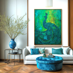 Emerald Poise – Textured Green and Blue Peacock Oil Painting