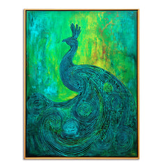 Emerald Poise – Textured Green and Blue Peacock Oil Painting