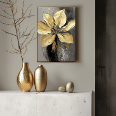 Eternal Bloom-Textured Golden Floral Oil Painting, Abstract Luxury Flower Wall Art