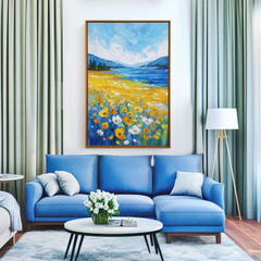 Fields of Light – Yellow Wildflower Landscape Painting Blue Lake & Mountain Wall Art