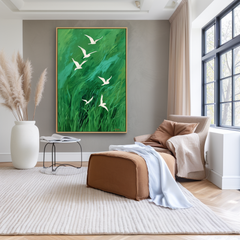Flight Over Meadow – Large Abstract Green Wall Art with Flying Birds Modern Decor