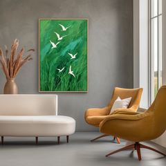 Flight Over Meadow – Large Abstract Green Wall Art with Flying Birds Modern Decor