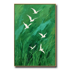 Flight Over Meadow – Large Abstract Green Wall Art with Flying Birds Modern Decor
