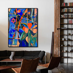 Floral Frequency – Colorful Abstract Floral Painting Bold Blue & Orange Modern Wall Art