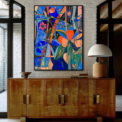Floral Frequency – Colorful Abstract Floral Painting Bold Blue & Orange Modern Wall Art