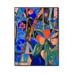 Floral Frequency – Colorful Abstract Floral Painting Bold Blue & Orange Modern Wall Art