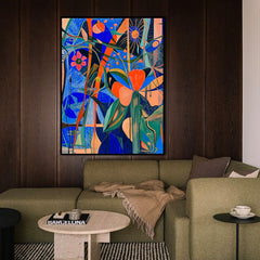 Floral Frequency – Colorful Abstract Floral Painting Bold Blue & Orange Modern Wall Art