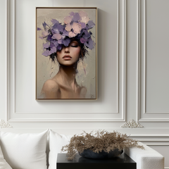 Floral Veil-Textured Oil Painting of Woman with Purple Floral Headpiece