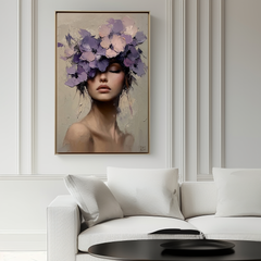 Floral Veil-Textured Oil Painting of Woman with Purple Floral Headpiece