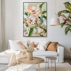 Flourishing Blooms-Soft Peach & Mint Green Peony Painting ,Framed Modern Floral Wall Art