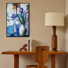 Framed Stillness – Purple Floral in White Jug – Modern Abstract Still Life Wall Art