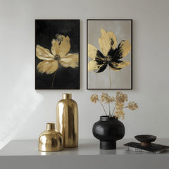 Gilded Petals-Set of 2 Gold Flower Paintings – Luxury Abstract Wall Art