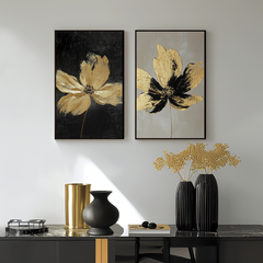 Gilded Petals-Set of 2 Gold Flower Paintings – Luxury Abstract Wall Art