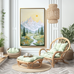 Golden Dawn Valley – Mountain Landscape Canvas with Stream and Sun – Serene Nature Wall Art