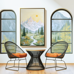 Golden Dawn Valley – Mountain Landscape Canvas with Stream and Sun – Serene Nature Wall Art