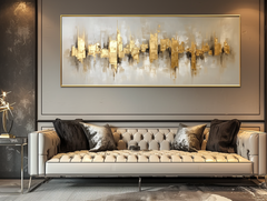Golden Reverberation: Gold Textured Abstract Cityscape Oil Painting – Textured Cityscape Wall Art