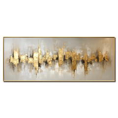 Golden Reverberation: Gold Textured Abstract Cityscape Oil Painting – Textured Cityscape Wall Art