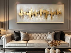 Golden Reverberation: Gold Textured Abstract Cityscape Oil Painting – Textured Cityscape Wall Art