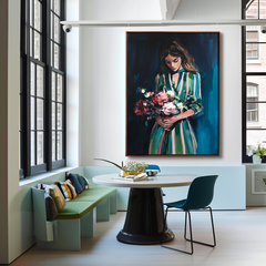 Grace in Bloom – Figurative Oil Painting of Woman Holding Flowers