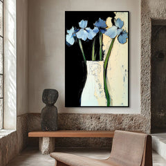 Midnight Petals – Blue Floral Oil Painting Modern Abstract Vase Wall Art