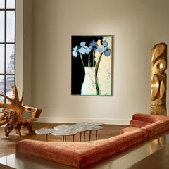 Midnight Petals – Blue Floral Oil Painting Modern Abstract Vase Wall Art