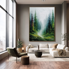 Misty Forest Landscape Oil Painting – Large Nature Wall Art