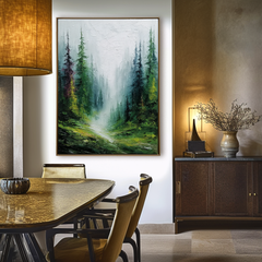 Misty Forest Landscape Oil Painting – Large Nature Wall Art