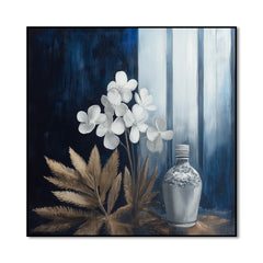 Moonlit Stillness – Modern Blue Gold Floral Still Life Painting Square Abstract Wall Art