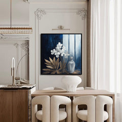 Moonlit Stillness – Modern Blue Gold Floral Still Life Painting Square Abstract Wall Art
