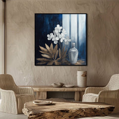 Moonlit Stillness – Modern Blue Gold Floral Still Life Painting Square Abstract Wall Art