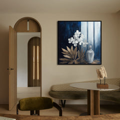 Moonlit Stillness – Modern Blue Gold Floral Still Life Painting Square Abstract Wall Art