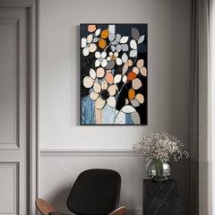 Mosaic Bloom – Textured Floral Abstract Art Beige and Orange Blossoms on Black Canvas