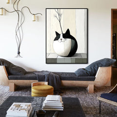 Purrcelain – Minimalist Cat Vase Painting Round Abstract Cat with Dried Flower Decor
