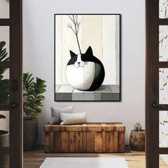 Purrcelain – Minimalist Cat Vase Painting Round Abstract Cat with Dried Flower Decor