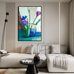 Quiet Arrangement – Blue and Purple Floral Still Life Minimalist Glass Vase Oil Painting
