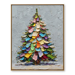 Rainbow Noel – Colorful Christmas Tree Oil Painting, Festive Textured Wall Art