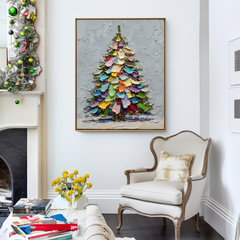 Rainbow Noel – Colorful Christmas Tree Oil Painting, Festive Textured Wall Art