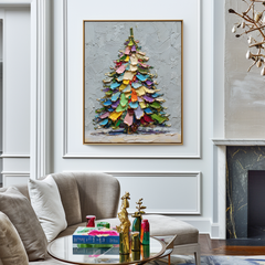 Rainbow Noel – Colorful Christmas Tree Oil Painting, Festive Textured Wall Art