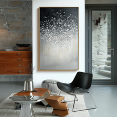 Silent Bloom-Textured Black White Abstract Oil Painting – Sparkling Dots Modern Home Art
