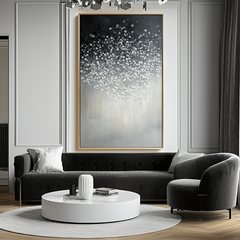 Silent Bloom-Textured Black White Abstract Oil Painting – Sparkling Dots Modern Home Art