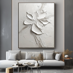 Silent Bloom-Plaster Art Texture Painting Minimalist White Abstract – Textured Floral Wall Art