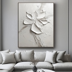 Silent Bloom-Plaster Art Texture Painting Minimalist White Abstract – Textured Floral Wall Art