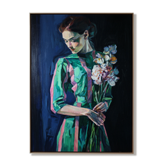 Silent Bloom – Figurative Oil Portrait with Floral Bouquet
