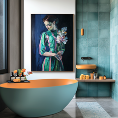 Silent Bloom – Figurative Oil Portrait with Floral Bouquet