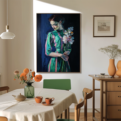 Silent Bloom – Figurative Oil Portrait with Floral Bouquet