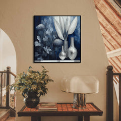 Silver Silence – Modern Blue Silver Still Life Painting Square Glass Vase Wall Art